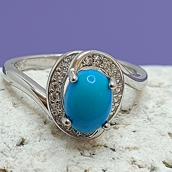 Natural Oval Blue Turquoise 8x6mm & Cz 925 Sterling Silver Ring Size 6 - Picture 7 of 10